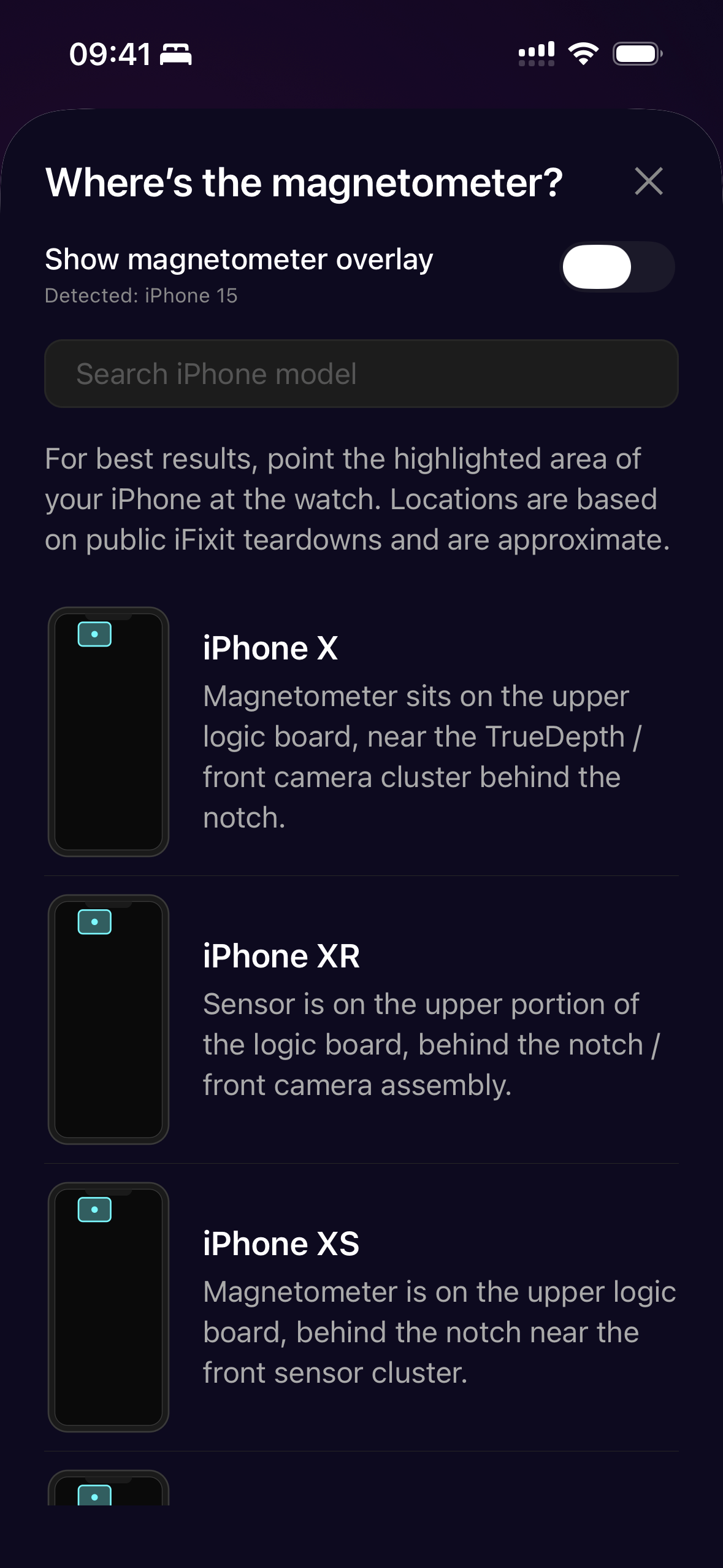 Magnetick guide showing where the magnetometer is on each iPhone